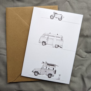 Carte de voeux, Surf trip, Road trip, Surf, Aventure, Camping-car, Landrover, Moto