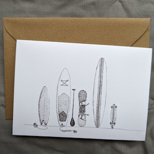 Carte de voeux, carquois de planches, surf, snowboard, longboard, skateboard, planche à pagaie, dessin à la plume et à l'encre