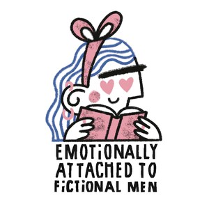 Puede incluir: Ilustración de una persona con cabello ondulado azul, un lazo rosa y ojos en forma de corazón, leyendo un libro rosa. El texto "EMOTIONALLY ATTACHED TO FICTIONAL MEN" está debajo, en mayúsculas negras.
