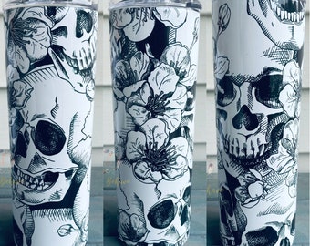 Floral Skull Tumbler – Gothic Skull Cup, Spooky Sublimation Tumbler, Skellie Aesthetic Tumbler, Stainless Steel Tumbler, Dark Floral Tumbler