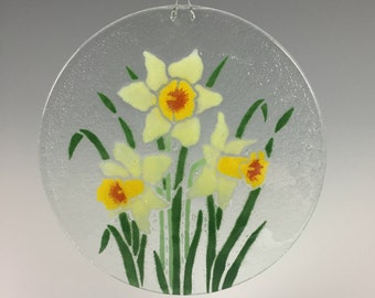 Daffodil Suncatcher, Fused Glass Sun catcher, Narcissus, Yellow Flowers, Flower Window Hanging