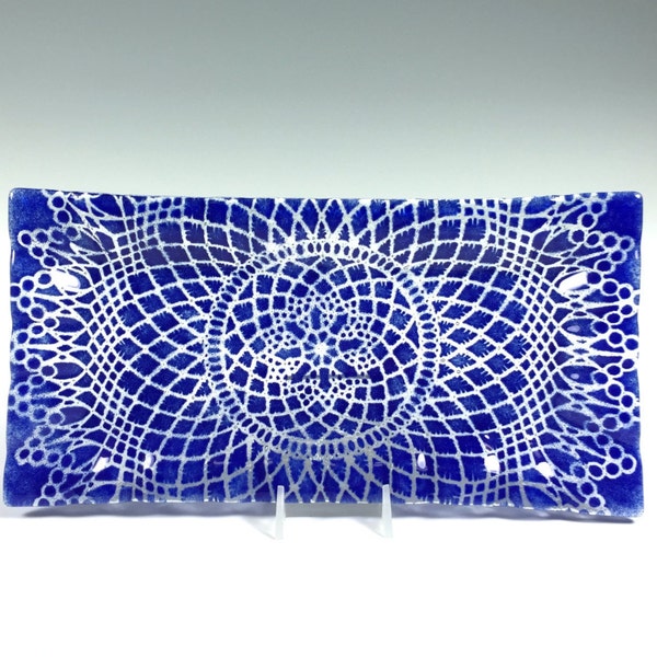 Cobalt Blue Serving Tray, Fused Glass Tray, Lace Design, Tea Loaf Plate, doily