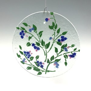 Blueberry Suncatcher, Fused Glass, Large Blueberry Window Hanging, Berries