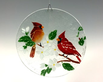 Cardinal Suncatcher, Cardinal Window Hanging, Fused Glass