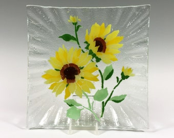 Sunflowers, Sunflower Plate, Fused glass, Sunflower Decor, Serving Dish