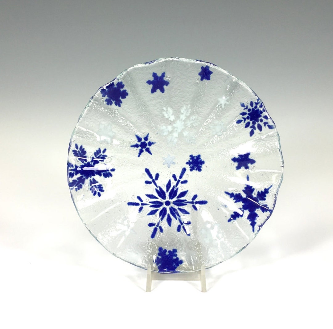 Snowflake Fused Glass Bowl Cobalt Blue White Winter Decor - Etsy