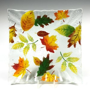 Fall Leaves Serving Dish, Autumn, Foliage, Oak Leaves, Maple Leaves, Fused Glass Plate, Glass Leaves, Thanksgiving Plate