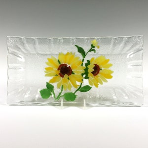 Sunflower Dish, Fused Glass Plate, Sunflower Decor, Sunflowers, Yellow, Cheese and Cracker Dish, Floral Design, Flowers