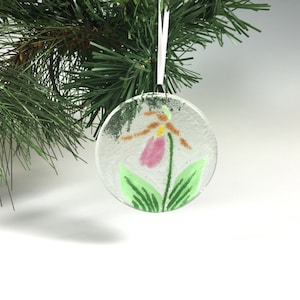 Ladyslipper Ornament,  Fused Glass Orchid, Wild Orchid, Lady Slipper, Pink Flower, Glass Flower