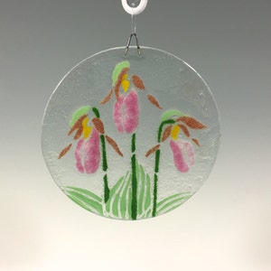 Small Lady Slipper Suncatcher, Orchid Window Hanging, Fused Glass, Flowers