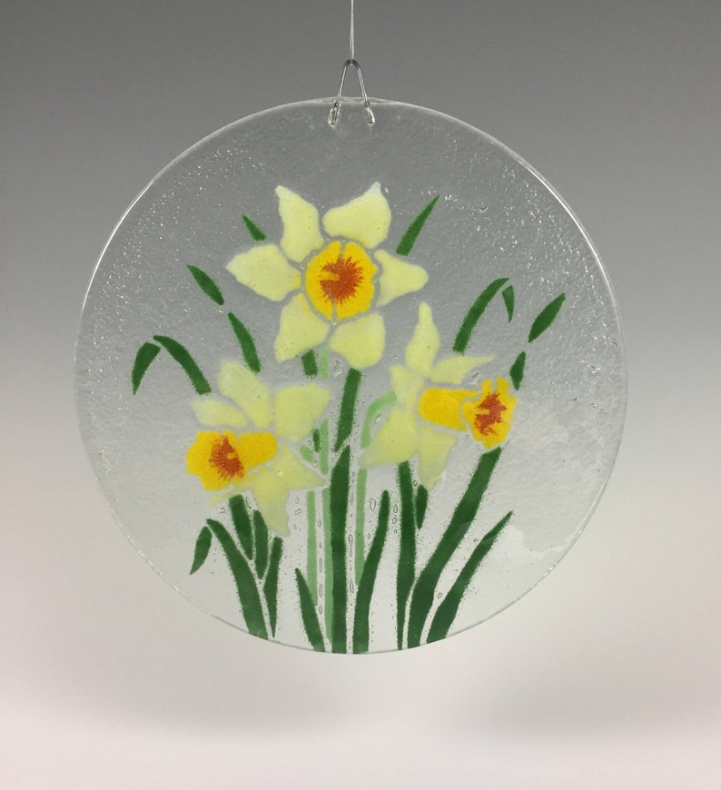 Daffodil Suncatcher, Fused Glass Sun catcher, Narcissus, Yellow Flowers, Flower Window Hanging image 1