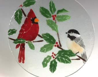 Kardinal und Kohlmeisen aus geschmolzenem Glas Suncatcher: Urlaubsvogel Fensterschmuck