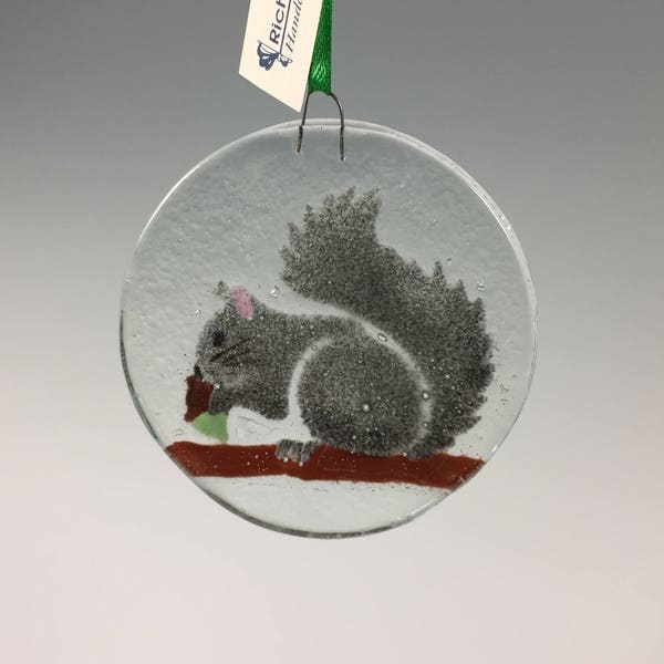 Squirrel Ornament, Fused Glass, Gray Squirrel, Acorn, Animals