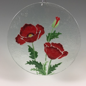 Roter Mohnblumen-Sonnenfänger, Mohnblumen, geschmolzenes Glas, rote Blumen, Mohnblumen-Fensterbehang, großer Sonnenfänger