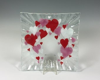 Fused Glass Hearts, Serving Dish,  Valentine's Day, Red Heart, Valentine Decor, Cheese Plate