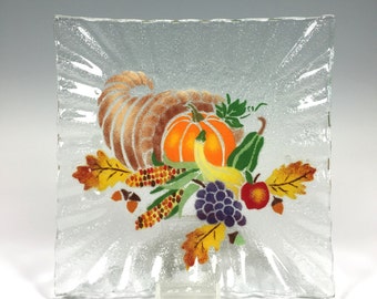 Cornucopia Serving Dish, Fused Glass Plate, Pumpkins, Fall, Autumn Design, Thanksgiving dish, Fall Decor