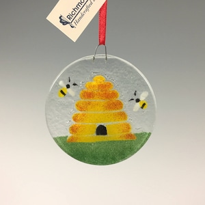 Honey Bee Skep Ornament, Bee Hive, Fused Glass