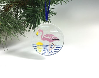 Flamingo Ornament, Tropical Bird, Fused Glass, Pink Bird, Flamingos