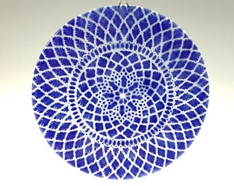 Cobalt Blue Suncatcher, Blue Lace Window Hanging, Fused Glass, Doily