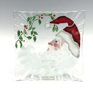 Santa Plate, Fused Glass Dish, Square Plate, Christmas Decor, Holiday Design, Cookie Plate