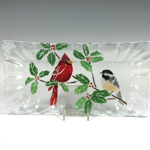 Cardinal and Chickadee Fused Glass Tray, Cardinals, Chickadees, Holly, Glass Plate, Cheese Plate, Tea Loaf Dish