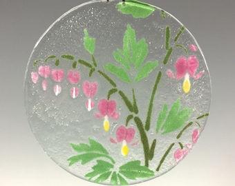 Bleeding Heart Suncatcher, Fused Glass, Small Window Hanging, Bleeding Hearts