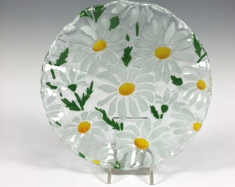 Daisy Bowl, Fused Glass, Dish, Candy Dish, Margarets, Daisies, White flowers