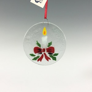 Christmas Candle Ornament, Candle Window Hanging, Fused Glass Ornament