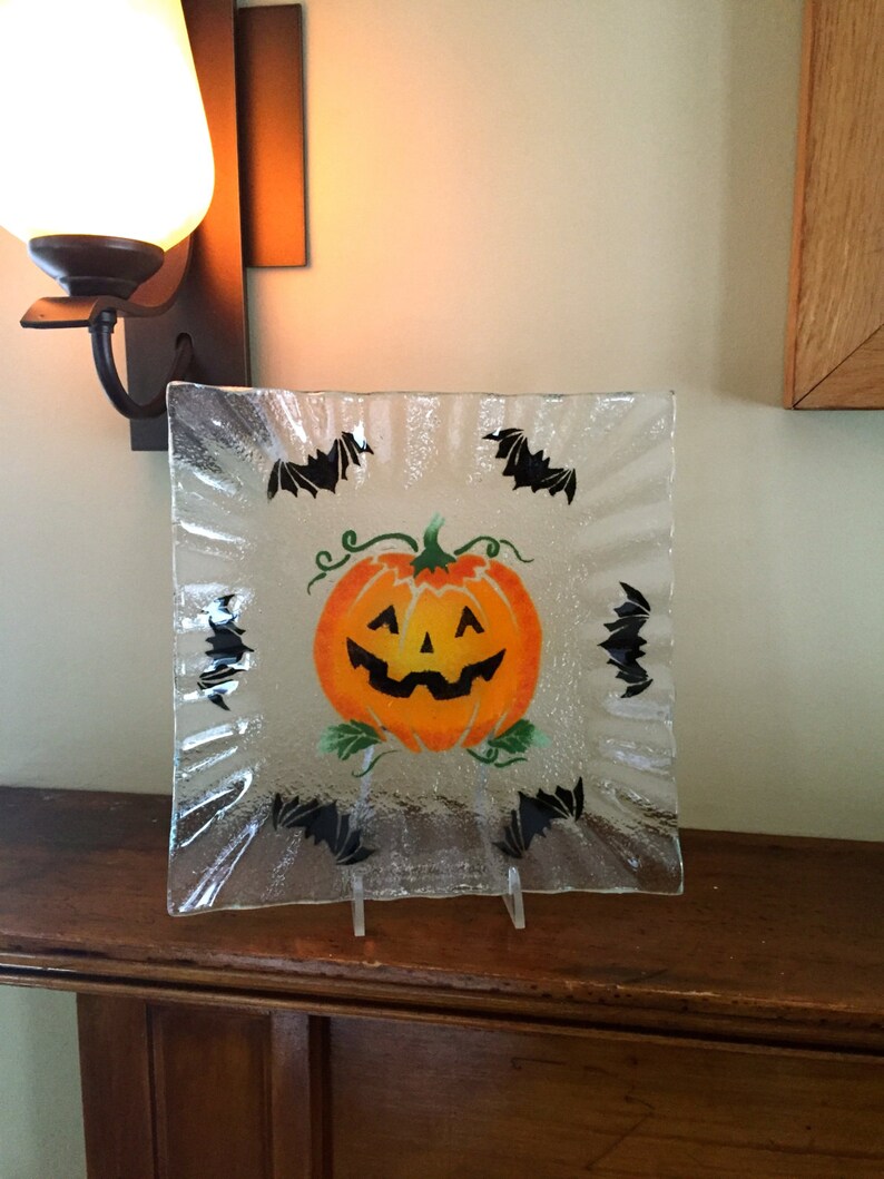 Halloween Pumpkin Serving Dish Fused Glass Plate Bats Etsy