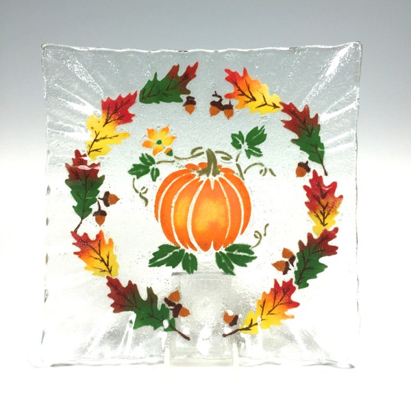 Pumpkin Serving Dish, Square Plate, Fused Glass, Oak Leaves, Fall Plate, Thanksgiving, Pumpkins