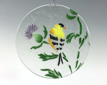 Goldfinch Suncatcher, Thistle Suncatcher, Fused Glass, Yellow Bird, Bird Decor