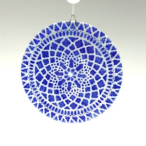 Cobalt Blue Suncatcher, Fused Glass,  Lace Window Hanging, Doily, Blue Decor