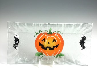 Halloween Plate, Pumpkin Serving Tray, Fused Glass