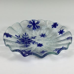 Snowflake Fused Glass Bowl Cobalt Blue White Winter Decor - Etsy