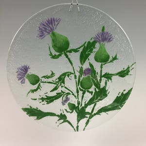 Thistle Suncatcher, Thistles, Scottish Decor, Purple Flowers, Fused Glass Sun Catcher