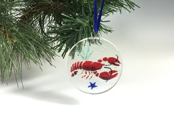 Lobster Ornament, Fused Glass, Seashore Ornament, Lobsters