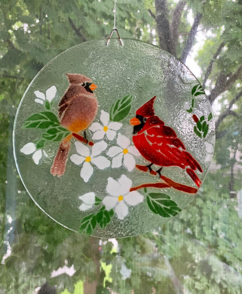 Cardinal Suncatcher, Cardinal Window Hanging, Fused Glass image 2