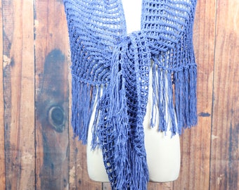 Blue fringed triangle shawl, denim blue wrap, cotton openwork shawl, large triangle scarf