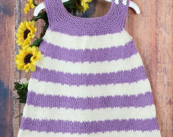 Handknit striped purple and white dress, size 9-12 months cotton baby dress, spring and summer dress, Easter dress, little girls dress