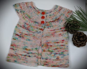 Handknit infant  speckled sweater, 3-6 month baby knits, pink baby sweater, newborn colorful sweater