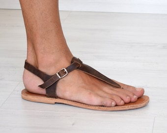 Sandales romaines, sandales brunes pour hommes avec barre en T, sandales spartiates, tongs, sandales spartiates, sandales en cuir de la Grèce antique, SKOPELOS1