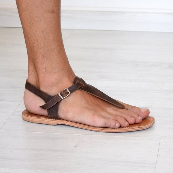 Sandales romaines, sandales brunes pour hommes avec barre en T, sandales spartiates, tongs, sandales spartiates, sandales en cuir de la Grèce antique, SKOPELOS1