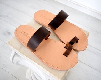 Flip flop men Greek Leather sandals, slipers Men, Thongs brown Color, leather sole - insole