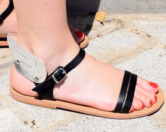 Ancient Greek sandals, Wing sandals, Greek leather sandals,  Black - Silver sandals, womens leather sandals, flat sandals