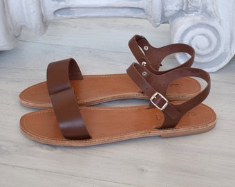 Sandálias gregas feitas à mão, marrons, em couro genuíno de alta qualidade, estilo romano, sandálias espartanas de couro, ANTIPAROS