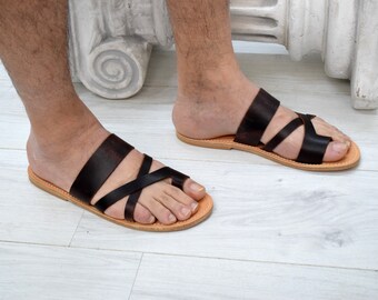 Men Toe ring slides sandals with Leather