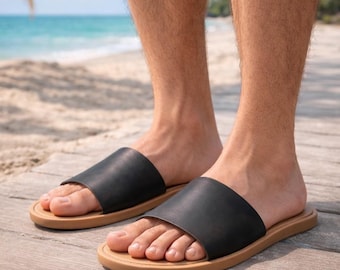 Men’s Olive Leather Slide Sandals – Handmade Greek Slip-Ons with Rubber Sole by Astir Sandals