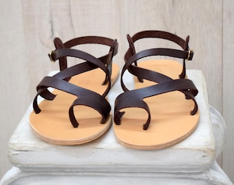 Men's Greek Leather Sandals - Grounding Leather Toe Loop Flats with Barefoot Zero Drop Sole