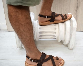 Men’s Greek Leather Sandals Handmade Toe Loop Sandals with Rubber Sole by Sparta Sandals