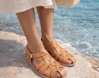 Fischer Frauen Sandalen bedeckt Finger Zehe handgefertigt mit hochwertigem echtem Leder